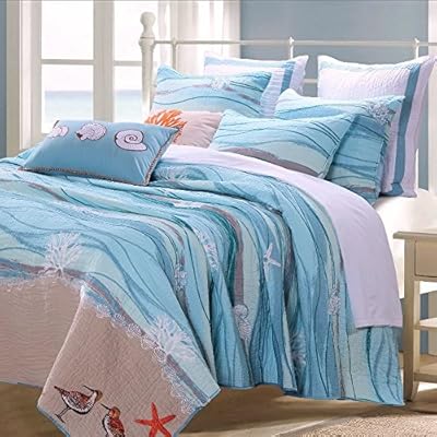 Finely Stitched Coastal Seaside Cottage Quilt Set with Shams Sea Shell Print Pattern Ocean Blue 100 Cotton Luxury… 61Z8m9sMXvL
