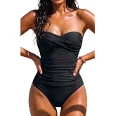 Hilor Women Bandeau One Piece Swimsuit Ruched Tummy Control Swimwear | Strapless Monokini with Removable Strap, Push Up, Twist-front, Fully lined, Padded Bathing Suit for Resort Vacation