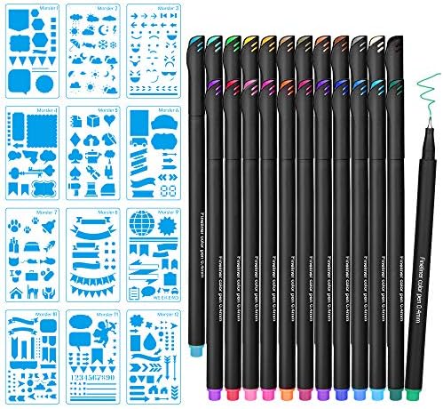 Morsler Journal Planner Pens & Journal Stencils Set, 24 Colored Fine Tip Drawing Pens with 12 Plastic Planner Stencils DIY Drawing Template, Journal Accessories School Office Supplies