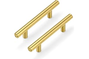 Plustool 30Pack 3''Hole Centers Gold Cabinet Handles-Brushed Brass Cabinet Pulls Gold Dresser Drawer Pulls-Stainless Steel Door Hardware for Kitchen Bathroom Bedroom Furniture-5''Overall Length