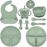 Munlinder Silicone Baby Feeding Set | Baby Led Weaning Supplies Includes Suction Bowls and Divided Plates, Adjustable Bib, Baby Utensils Spoons and Forks,Cup | Baby Feeding Essentials (Light Green)