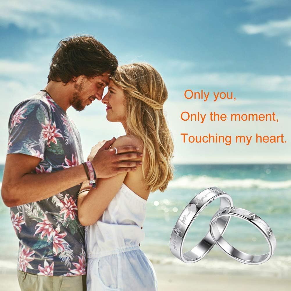 EQLEF Heartbeat Ring, 1 set Electrocardiogram Promise Rings Couples Open Adjusted Ring for Wedding Bands Engagement Rings - Image 4