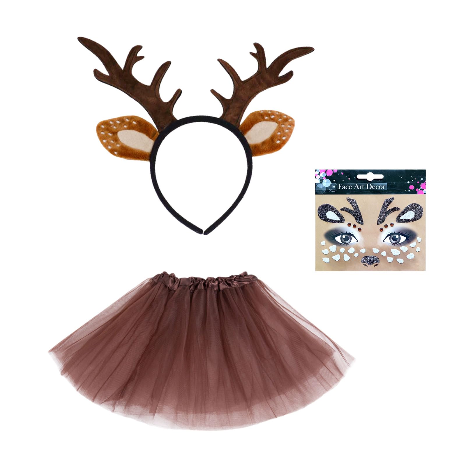 UILYNIU 3 Pieces Reindeer Headband Costume, Halloween Antlers Horns Ears Headband, Face Tattoo Stickers, Princess Tutu Skirt, Animal Costume Party Fancy Dress Up for Kids Girls