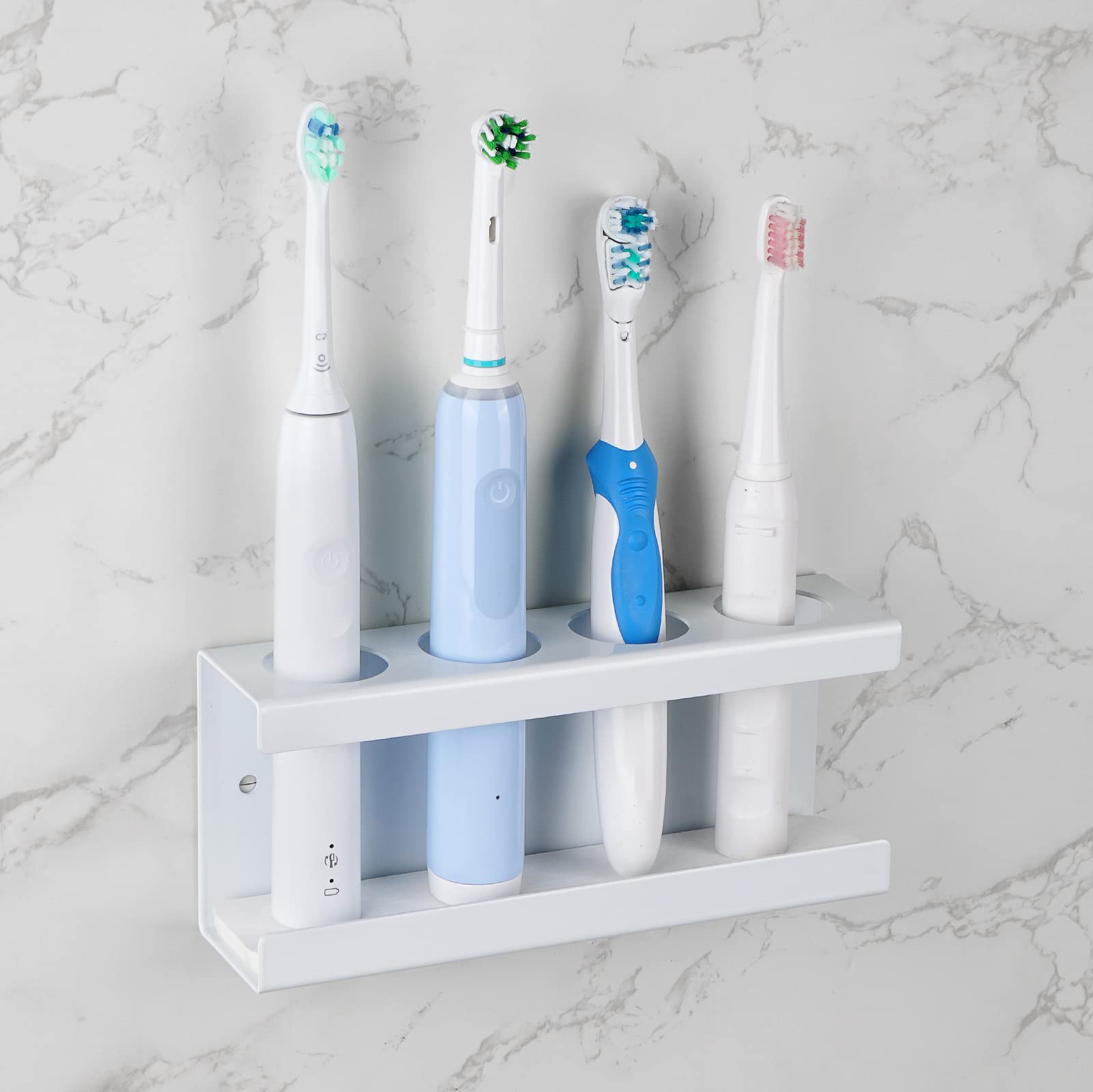 Adorila Wall Mounted Electric Toothbrush Holder, 4 Slots Toothbrush Stand with Diatomite Dish, Toothbrush Rack Compatible with AquaSonic Black Series, Kingheroes Sonic, Oral-B (White)