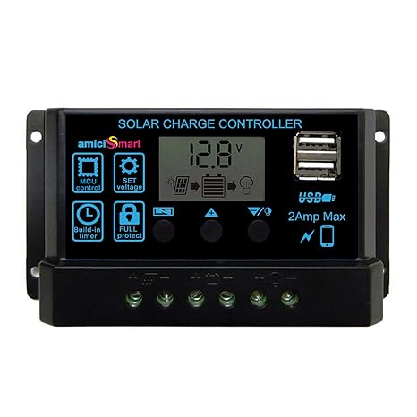 amiciSmart Solar Charger Controller 10A, Intelligent Battery Regulator for Solar Panel LCD