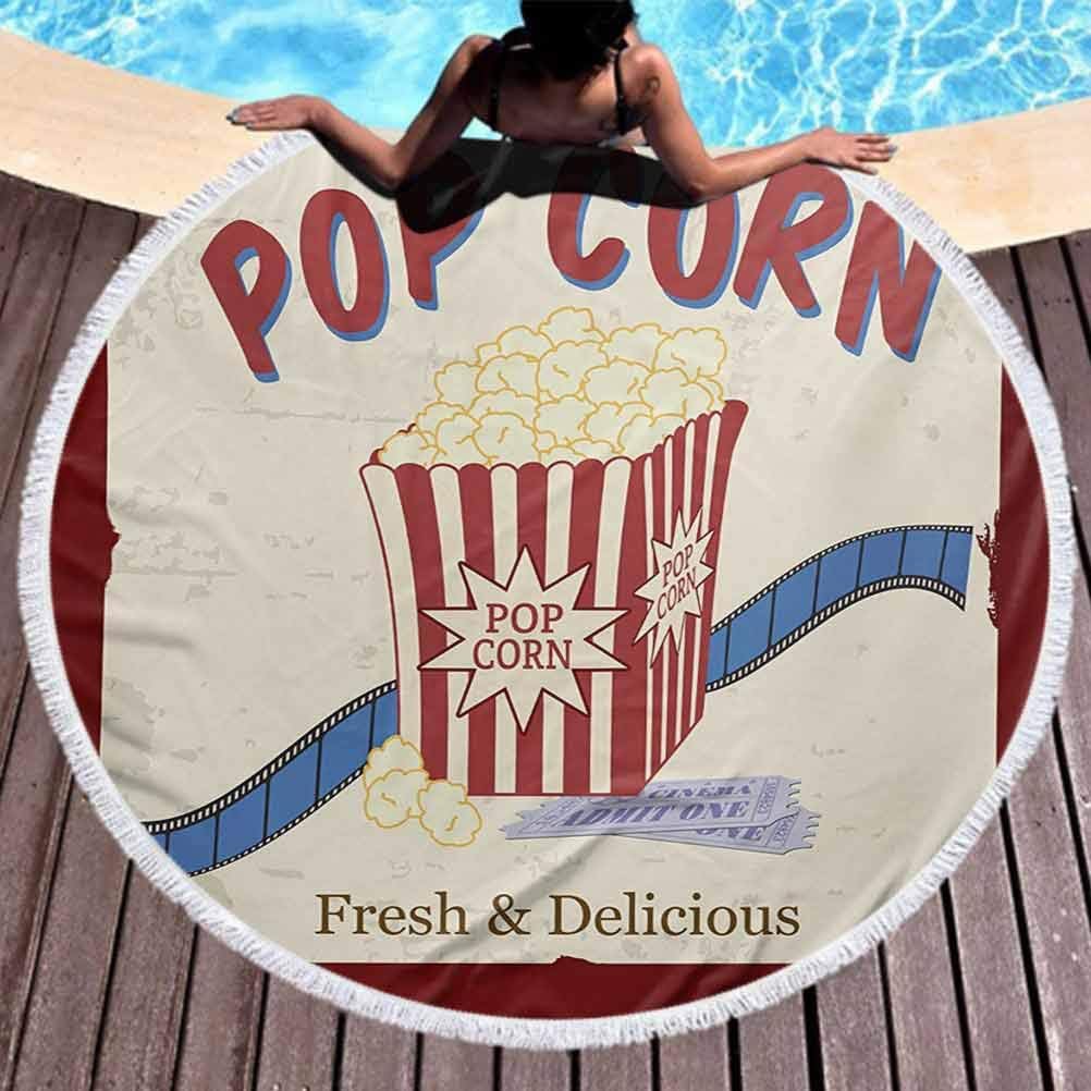 Outdoor Beach Towel Quick Dry Movie Theater Lightweight Beach Towel Fresh and Delicious Pop Corn Film Tickets and Strip Advertising in 60s Theme for Beach or Wall Hanging Multicolor (Diameter 59")