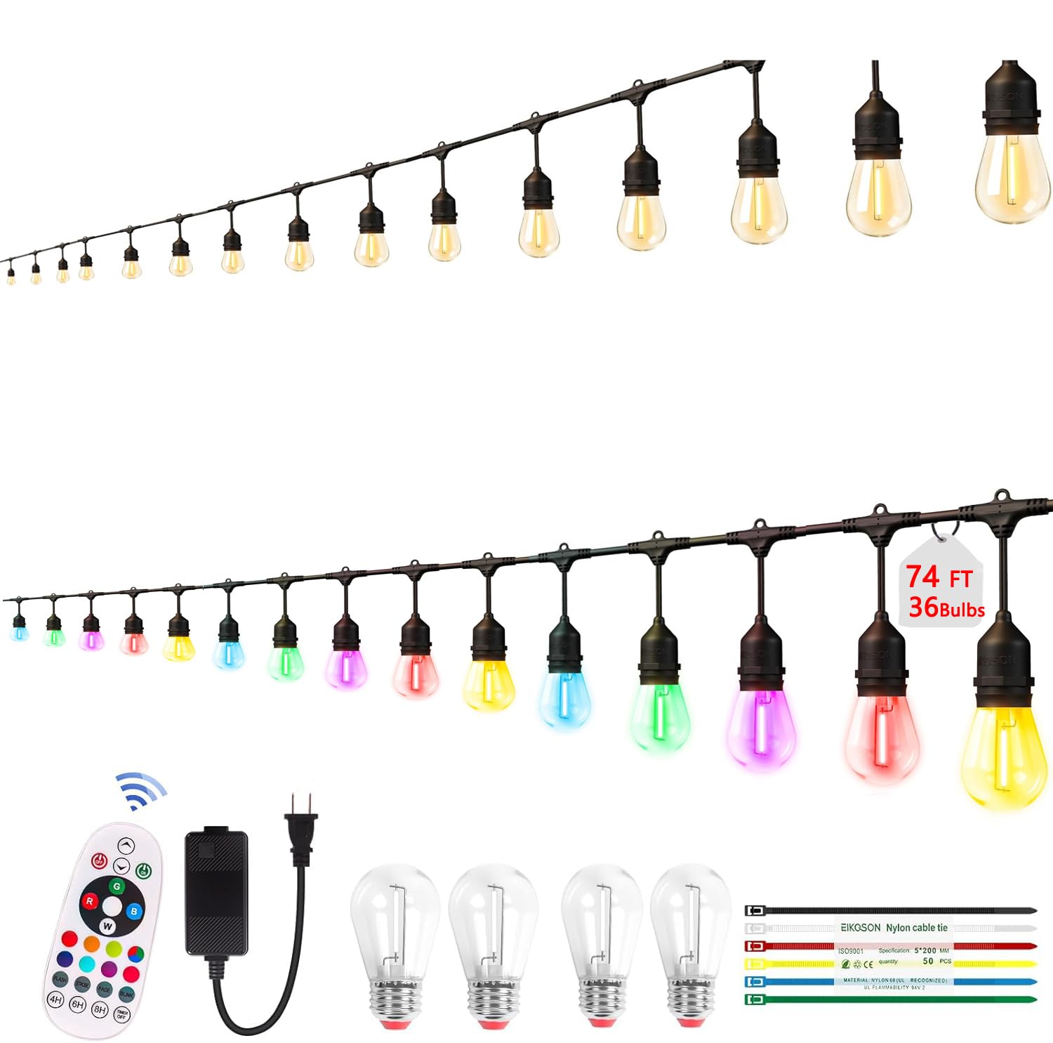 Photo 1 of EIKOSON 74FT Outdoor String Lights, Outdoor Lights for Patio,with 36+4 LED RGBW Color Change,3000K Bright White Waterproof Bulbs, Dimmer & Remote, Customized 12 Colors & 4 Modes, for Backyard Decor