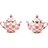 MACKENZIE-CHILDS Teapot Salt &amp; Pepper Set, Pink-and-White Rosy Check | Hand-painted design, made from ceramic, kitchen table spice shaker set, 3.25" dia. x 3.25" H (each)