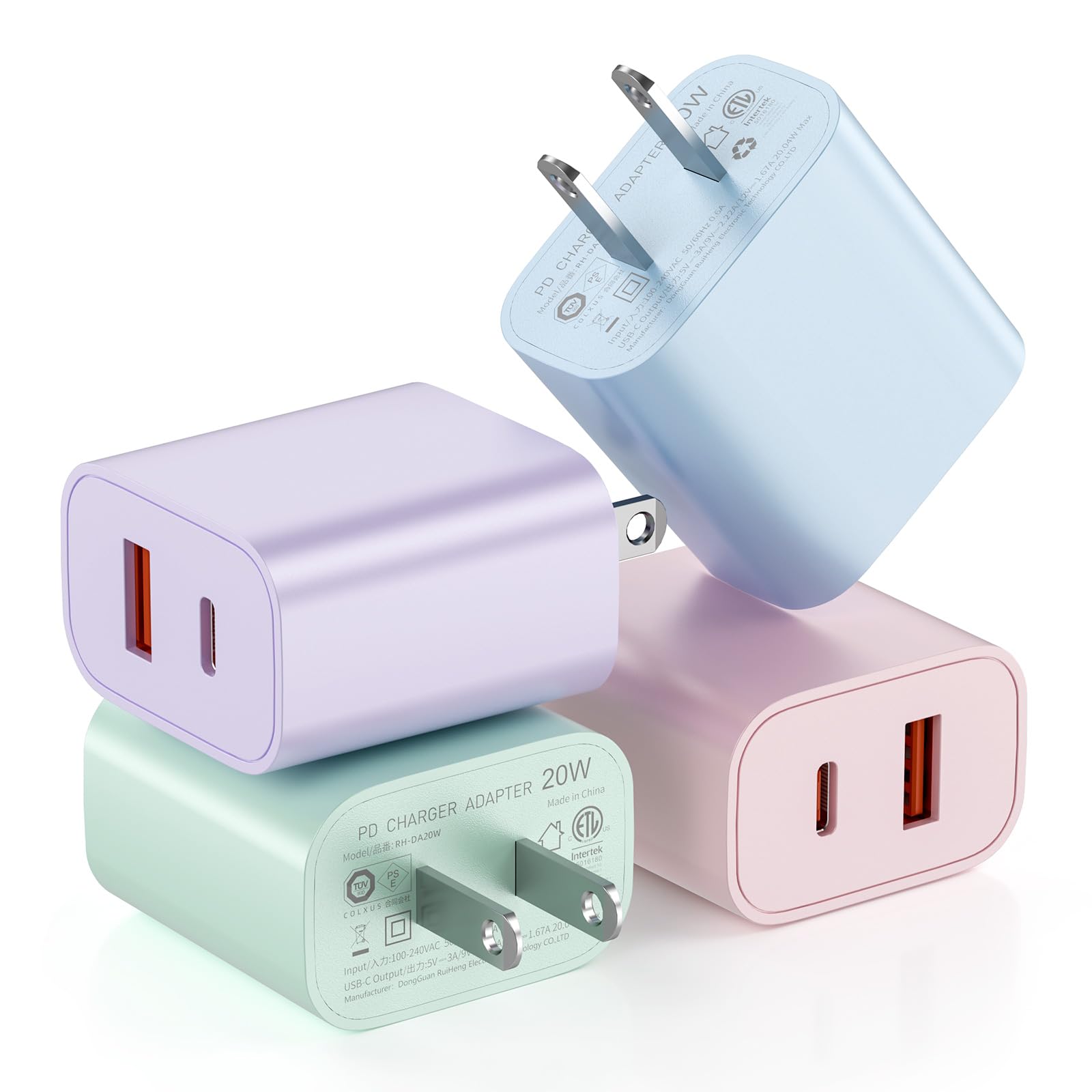 USB C Charger Block Multiple Ports，4 Pack Multicolor Dual Port (PD 20W USB C & QC 3.0 USB A Port) USB Wall Charger Adapter, Type C Fast Charging Block Compatible with iphone17/16/15, ipad, Galaxy More