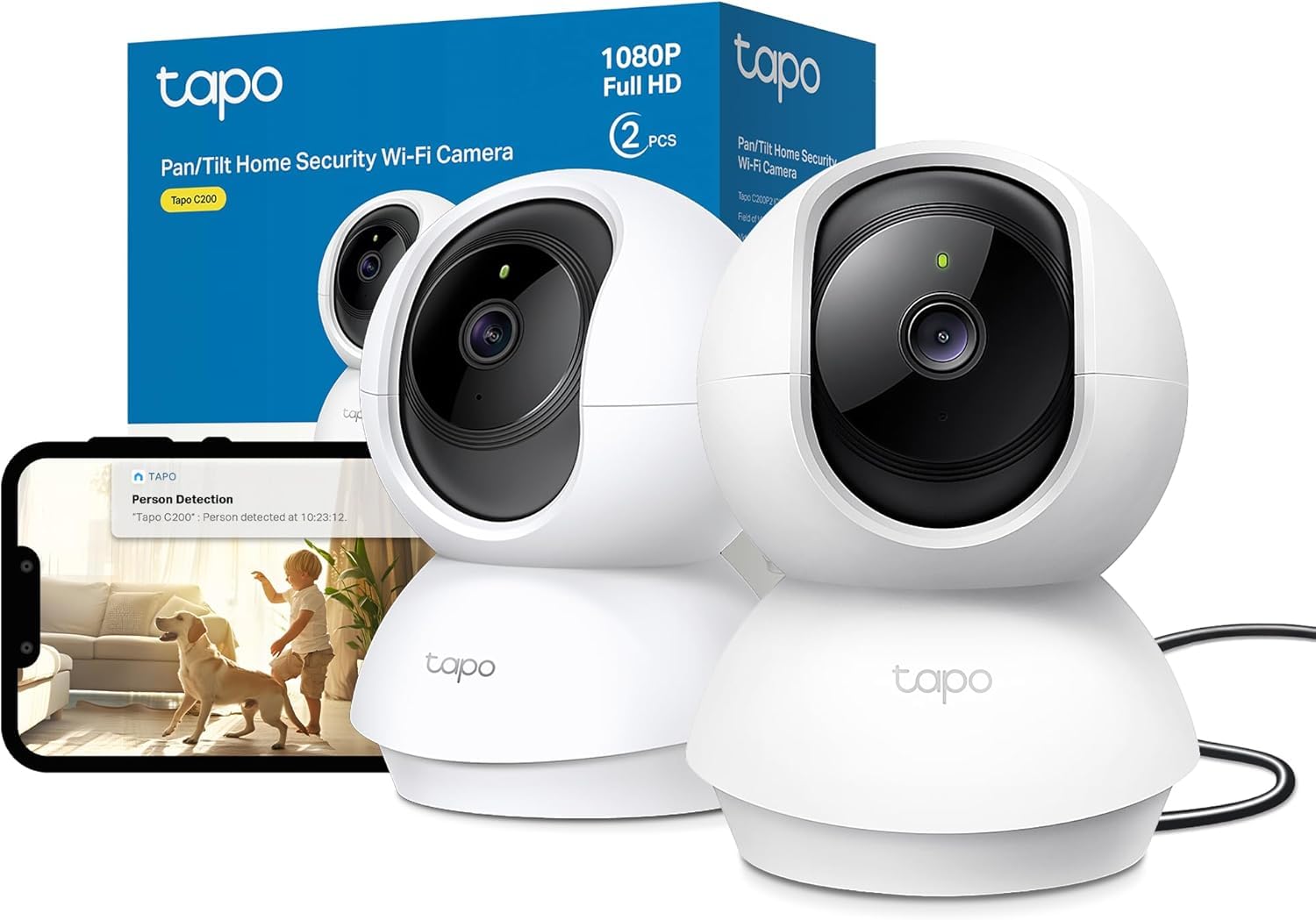 Tapo TP-Link C200P2 360° Überwachungskamera für den Innenbereich, 1080P, Nachtsicht, Bewegungserkennung, Zwei-Wege-Audio, kompatibel mit Alexa&Google Assistant, für Babys/Haustiere, 2 stück C200