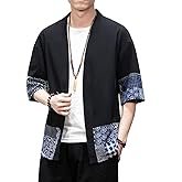 PRIJOUHE Men's Kimono Jackets Cardigan Lightweight Casual Cotton Blends Linen Seven Sleeves Open Front Coat Outwear