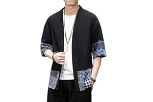 PRIJOUHE Men's Kimono Jackets Cardigan Lightweight Casual Cotton Blends Linen Seven Sleeves Open Front Coat Outwear