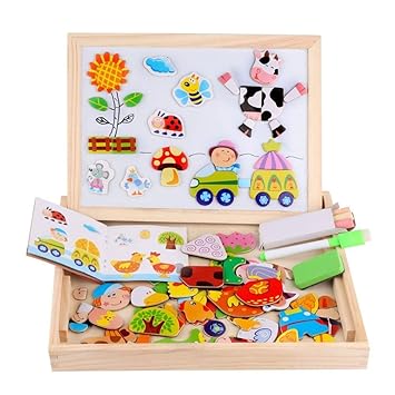 CrazyBuy Learning Double Sided Drawing Easel Wooden Animal Magnetic Puzzle with Board Game for Kids