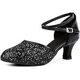OCHENTA Women's Sequined Leather Latin Ballroom Dance Shoes Pointed Toe Salsa Tango Party Kitten Heel Pumps
