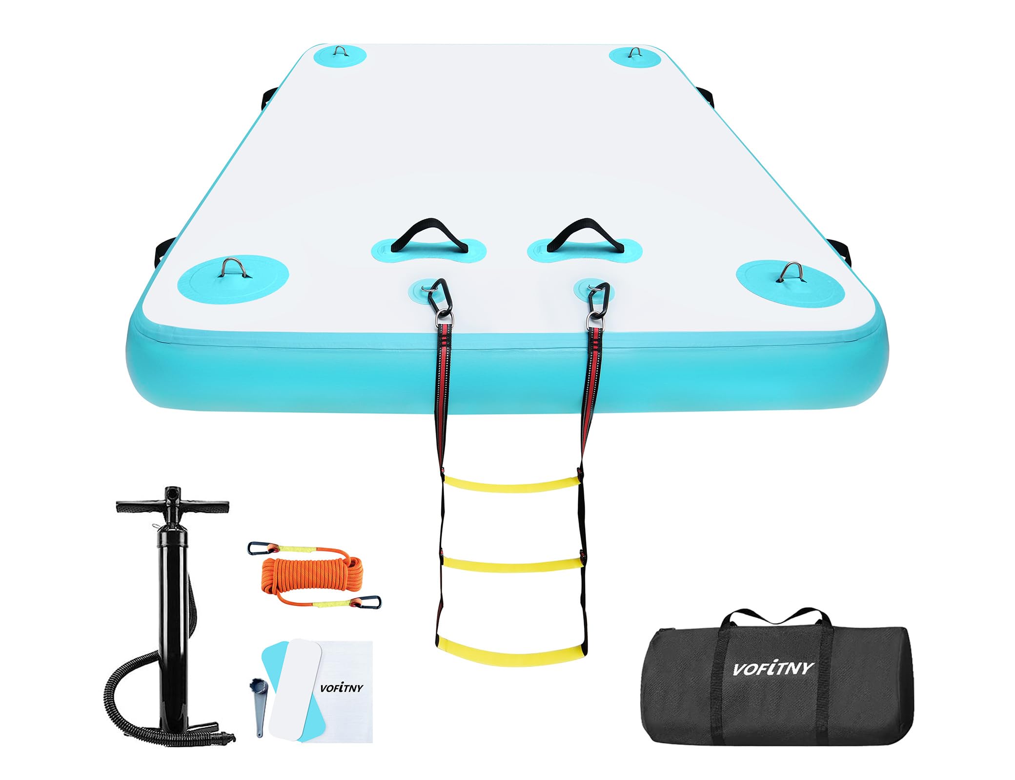 Photo 1 of VOFiTNY Inflatable Floating Dock Air Platform Multi-Person Swim Water Mat with Rope Ladder, None-Slip Surface for Lake Beach (5ft x 6ft x 6in, Cyan)