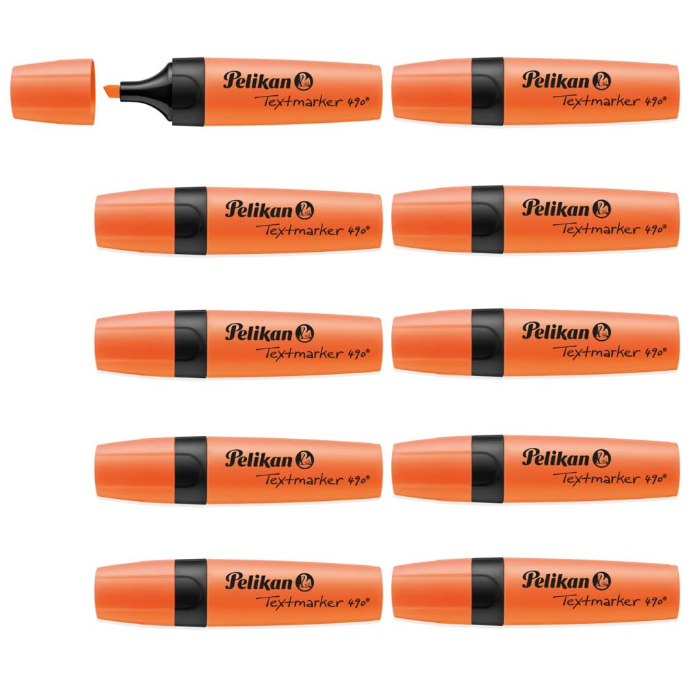 Pelikan Highlighters, Box of 10 Neon Orange, Chisel Tip Quick Drying Water-Based Markers, Exam, Study & Office Highlighting