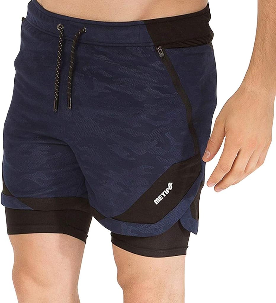 2 in 1 Quick Drying Gym Cycling Shorts with Inner Compression Mens Breathable Running Short Zip