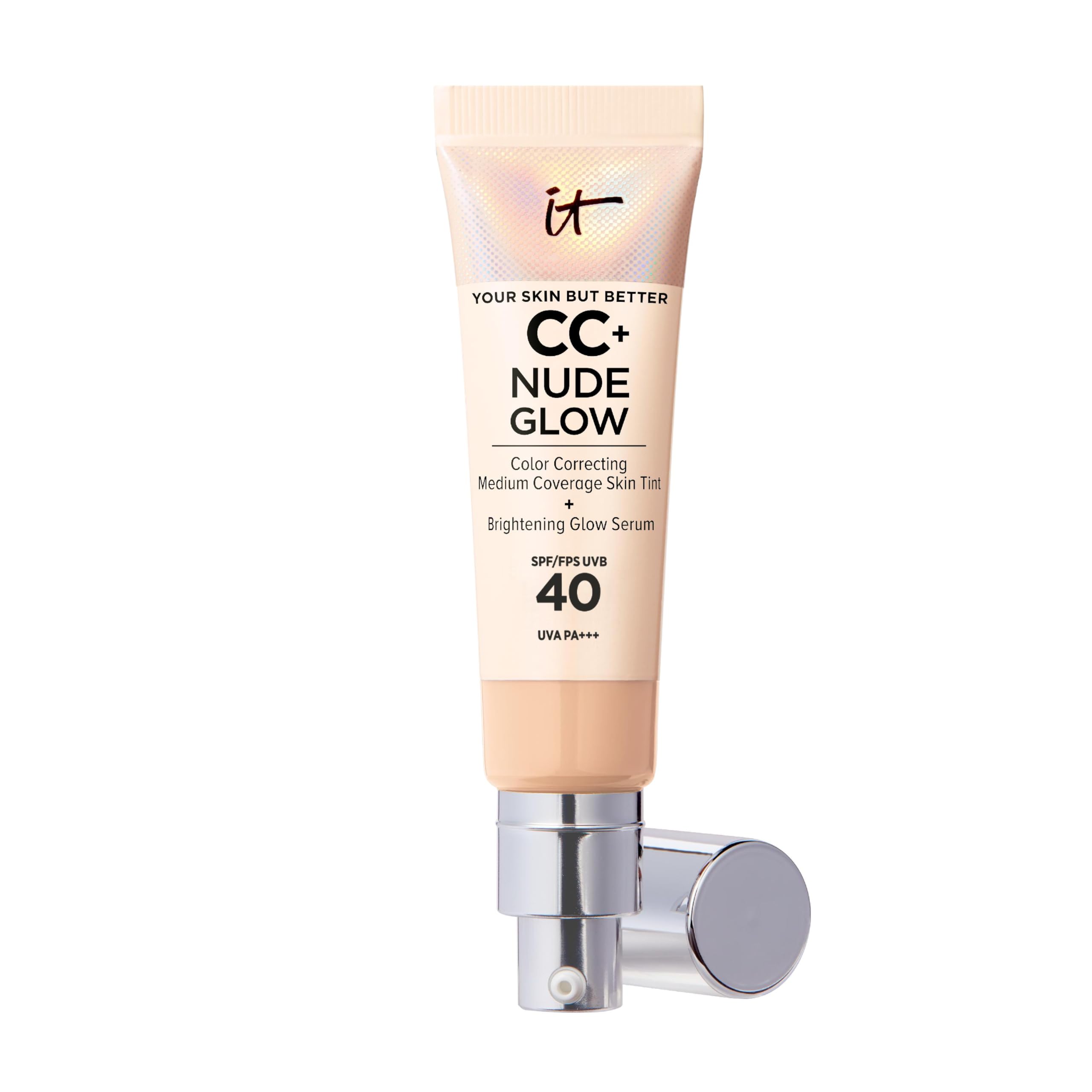 IT Cosmetics, CC+ Cream Nude Glow Foudation, Medium Coverage, Instantly Brighter & Hyrdrated Skin, Made with 2% Niacinamide & Hyaluronic Acid, Your Skin But Better, Shade: Medium, 32ml