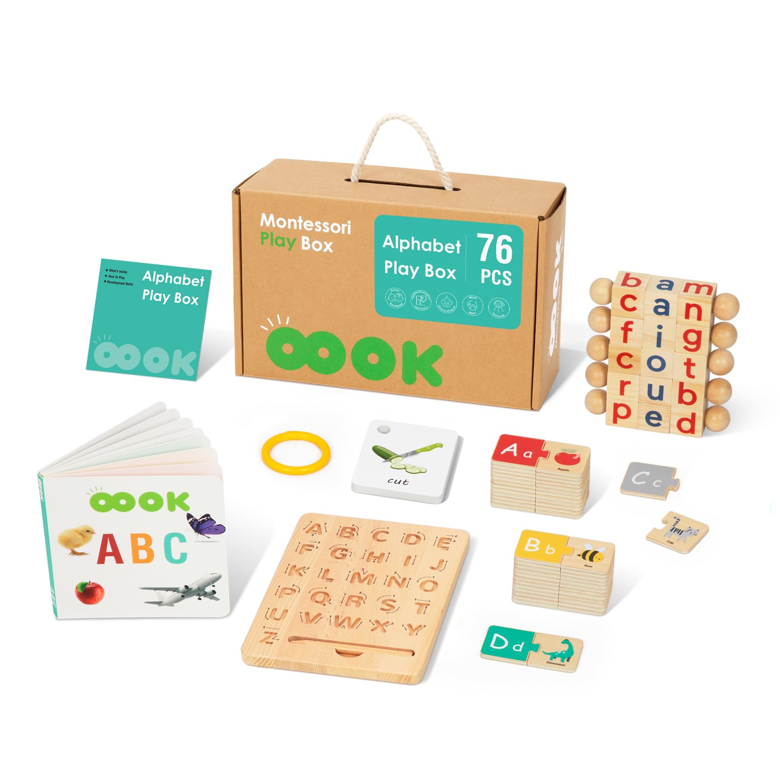 Photo 1 of OOOK 4 in 1 Montessori Set Alphabet Learning Toys Includes Wooden Letters Practicing Board, Spelling Games with Flash Cards, Book, and Letter Puzzle, Educational Toys for 3 4 5 Year Old