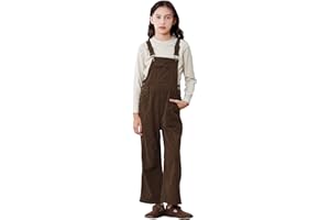 Rolanko Girls Corduroy Overalls, Adjustable Straps Jumpsuits with Pockets Vintage Wide leg Bib Pants for Kids