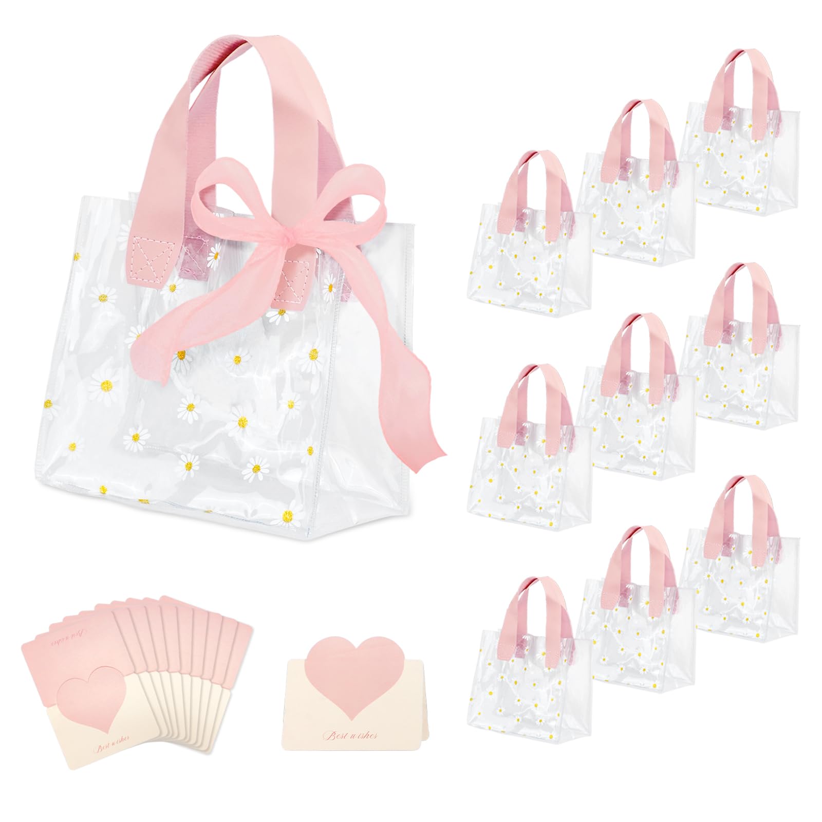 Photo 1 of 10 Pcs Clear Gift Bags with Handles, Party Favor Reusable Transparent PVC Flower Tote Bag Including Greeting Cards and Ribbon, Ideal for Baby Shower Wedding Birthday Shopping (Pink)
