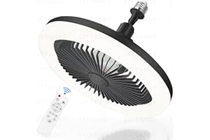 LITTARBY Socket Fan Light with Remote Control, 3 Colors 3000K-6500K Dimmable LED Light Bulb Fan Screw in Ceiling Fan for Bedroom, Kitchen, Storage Room, Closet, Wireless Small Ceiling Fans with Lights - Black