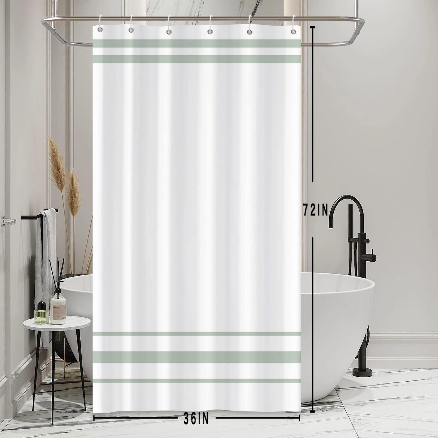 SDOTPMT 90x180cm Green and White Shower Curtain Modern Classic Green Striped Bath Curtain Countryside Farmhouse Minimalism Bathtub Curtain for Bathroom Decor Polyester with Hooks