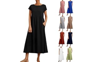 MOOLBEKO Linen Dresses for Women 2024 Summer Short Sleeve Athletic Tunic Dress Solid Flowy Casual Maxi Sundress with Pockets