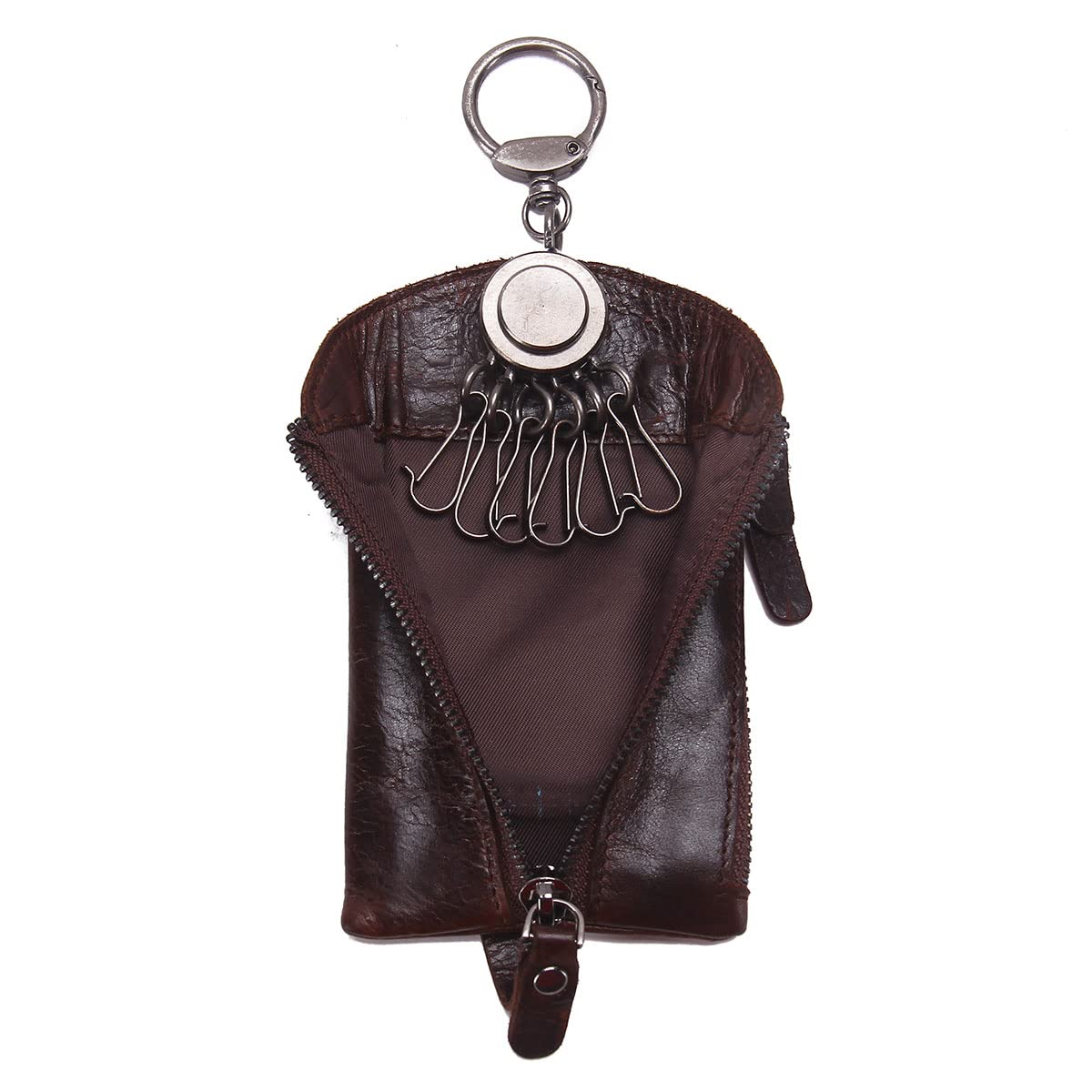 Contacts Genuine Leather Zipper Coin Pocket Purse Car Key Case Holder Keychain Wallet Dark Brown(Size: one size)