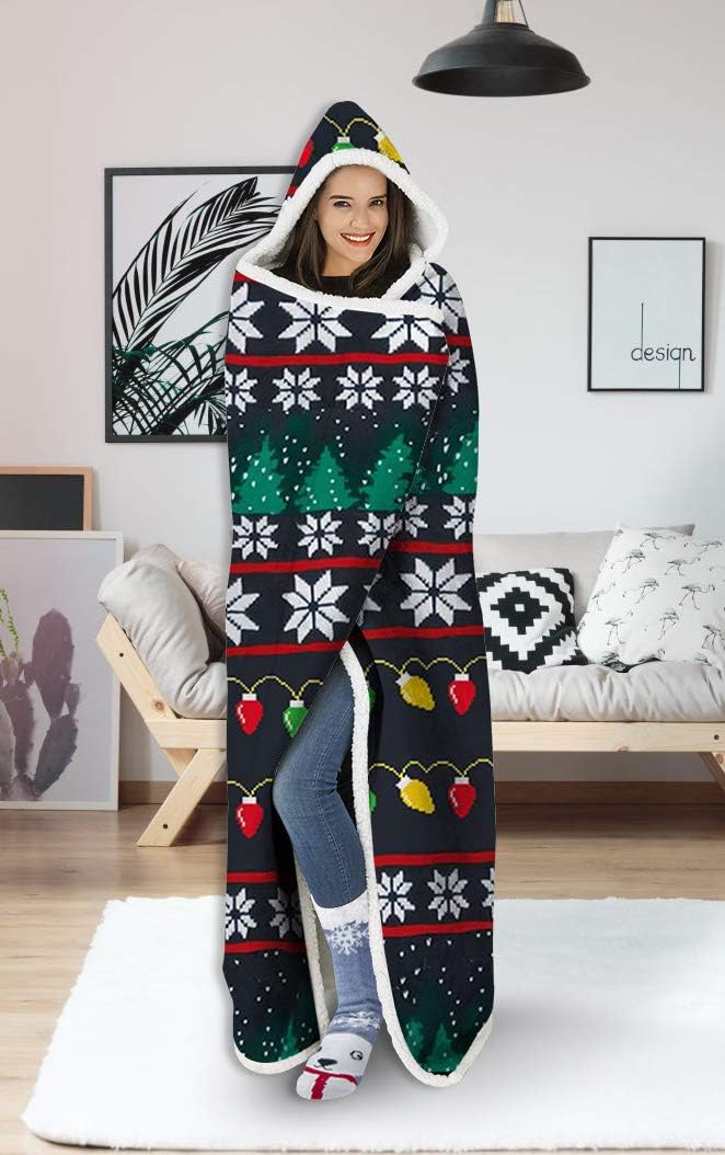 uideazone Christmas Hooded Blanket Hood Poncho Cloak Cape Funny 3D Christmas Light String Print Men Women Cozy Throw Sherpa Fleece Soft Warm Winter Novelty Blanket for Christmas Party Festival
