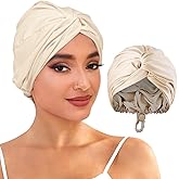 GLISSELLE Adjustable Silk Satin Sleep Bonnet for Curly & Long Hair - Double Layer Hair Wrap Cap for Women Night Turban for Braids (Champagne Color)