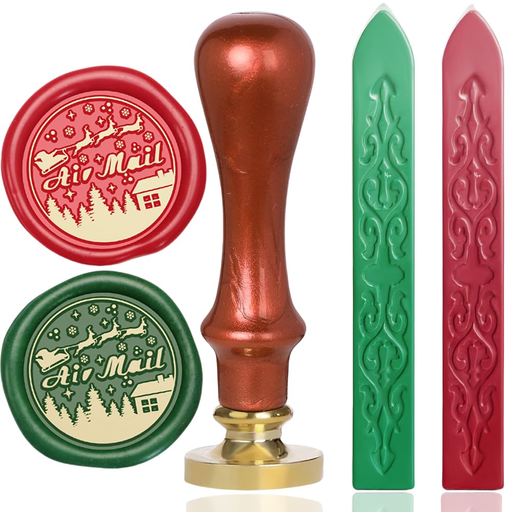 Wax Seal Stamp for Air Mail with Santa Claus Sealing Wax Stamp Add Green and Red Sealing Wax Sticks for Christmas New Year Cards Invitation Envelopes (Santa Air Mail)