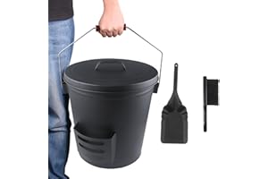 GAMEXCEL Ash Bucket with Lid and Shovel Hand Broom, 5.15 Gallon Large Galvanized Iron Metal Fireplace Tools Ash Pail for Fire Places Fire Pits Wood Burning Stoves Hearth Accessories Indoor Outdoor, Black