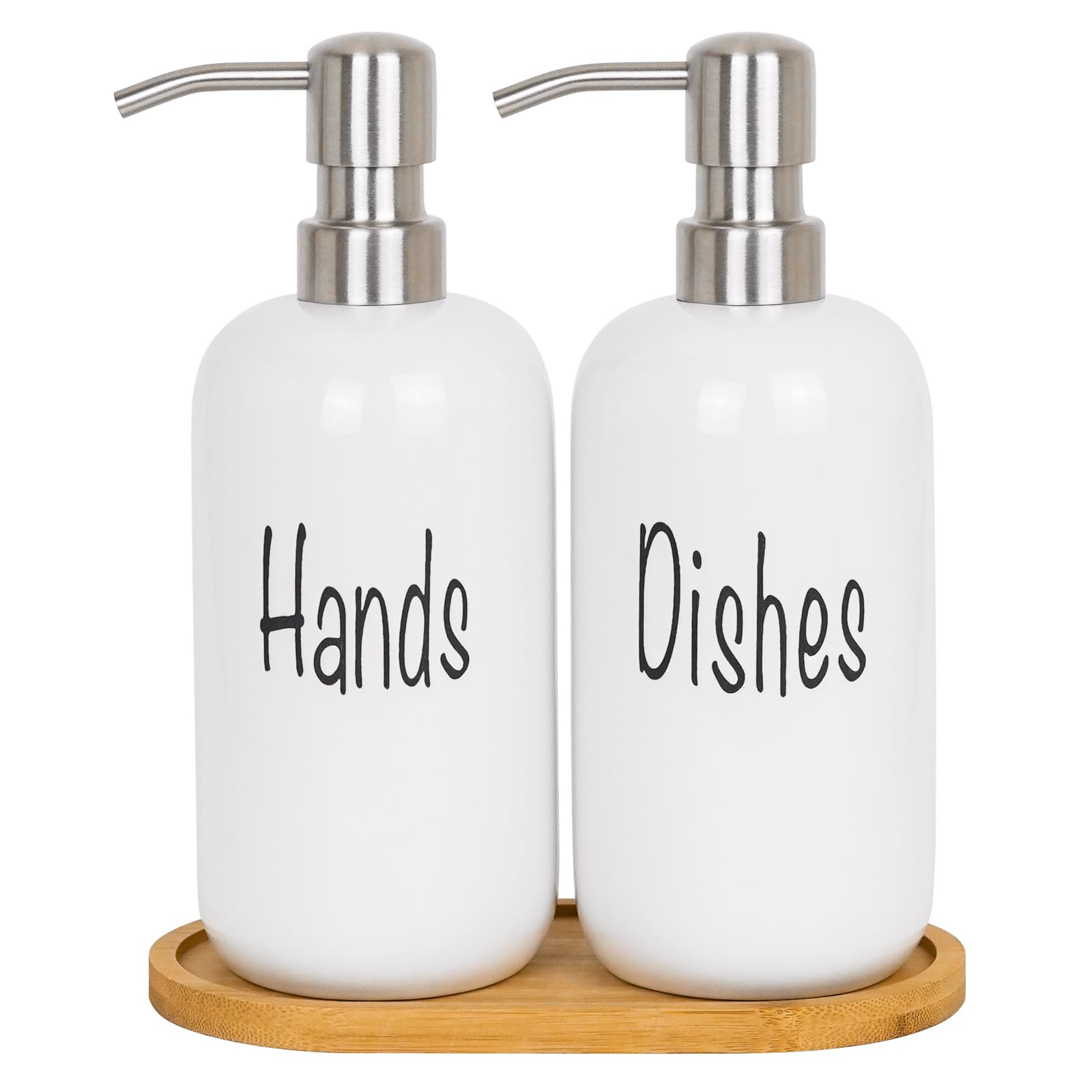 Photo 1 of 18oz Ceramic Soap Dispenser Set (2 Pack) with Stainless Steel Pump & Bamboo Tray, Bathroom & Kitchen