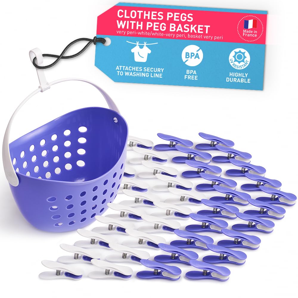 culiclean Clothes Pegs for Washing Line – Clothes Peg and Bag Set with Peg Basket for Washing Line – Washing Peg and Basket with Hanger – 40 Pegs, 1 Holder – very peri-white/very peri