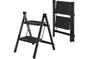 STAFOPO Step Ladder 2 Step Folding, Sturdy 350LBS Steel Foldable Ladder Step Stool for Adults with Wide Anti-Slip Pedal, Heavy Duty 2 Step Kitchen Ladder Closet Step Stool Ladder Library Ladder, Black