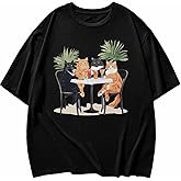 Cat Party Shirts Graphic Tees for Women, Summer Funny Womens Oversized T Shirt Crewneck Short Sleeve Casual Tops