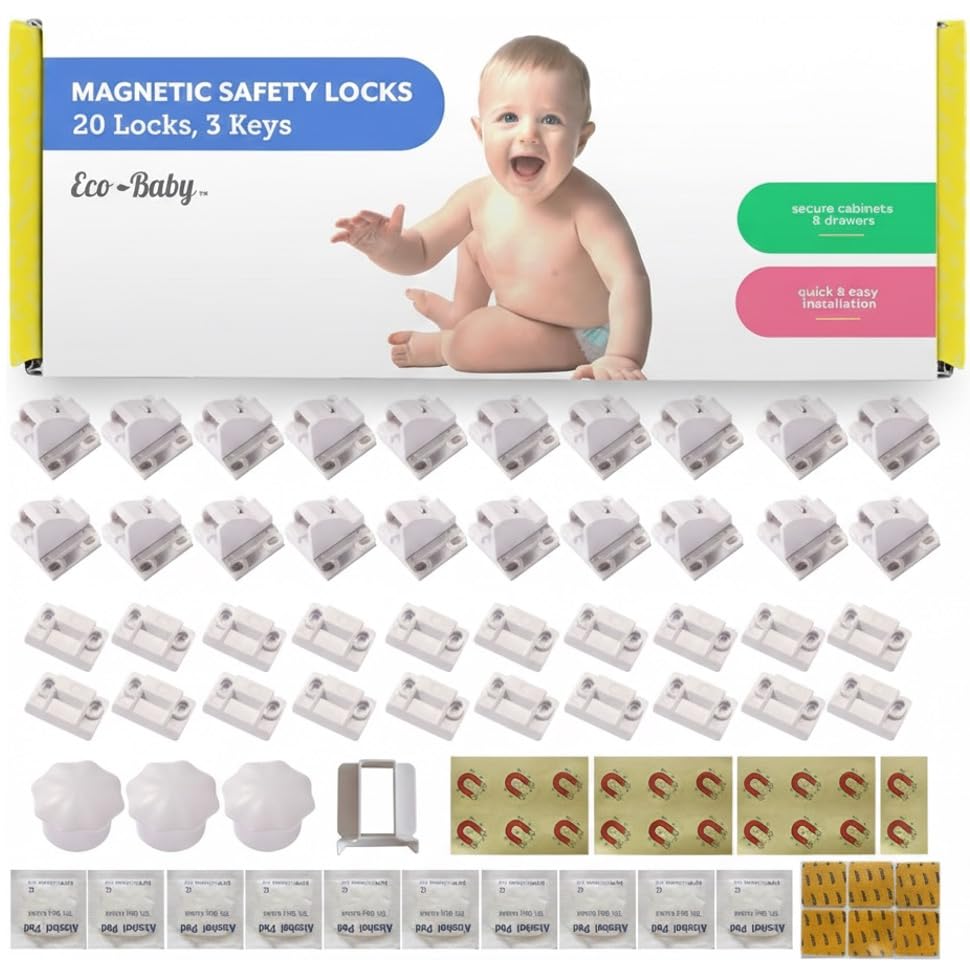 Eco-Baby Cupboard Locks for Children- Pack of 20 Magnetic, Child Safety Lock Latches with 3 Keys for Kitchen Cupboards and Drawers - Baby Safety Products - White