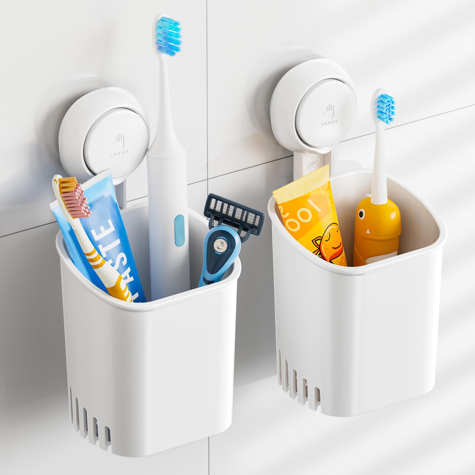 TAILI Toothbrush Holder Wall Mounted 2 Pack, MAX Hold 3 KG, Suction Cup Toothbrush Holder for Bathroom, Shower Razor Organizer, No Drilling, Removable Toothpaste Organizer, White In Plastic