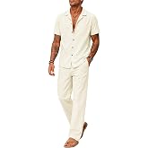 UOUA Mens 2 Piece Summer Beach Outfits, Short Sleeve Shirt Long Pants Set | Faux Linen Texture Soft Fabric, Button Down Shirt Drawstring Pants with Pockets, Easy Care, Beach Vacation Home Casual Wear