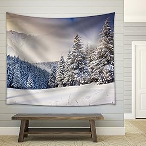Fantastic Evening Winter Landscape. Dramatic Overcast Sky. Creative Collage. Beauty World. - Fabric Wall Tapestry Home Decor - 51x60 inches