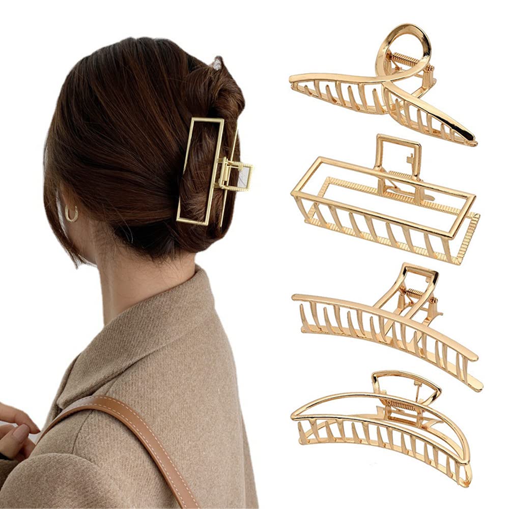 4 Pcs Large Hair Claw Clips for Thick Hair, Nonslip Metal Hair Clips Elegant Alloy Gold Claw Clips for Women Girls Hair Accessories