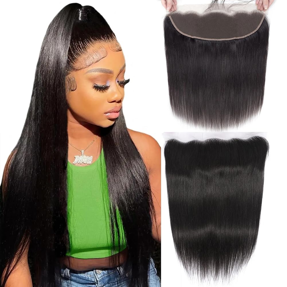 HEFABRIGHT 13X4 Lace Frontal Human Hair HD Frontal Closure Straight Wave Ear To Ear Virgin Human Hair 13X4 Lace Frontal Free Part 150 Density Pre Plucked Hairline Natural Black 16 Inch