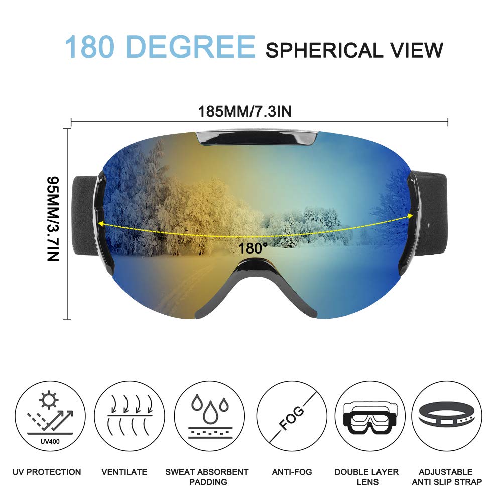 Lunette de Ski,Masque Ski sphériques avec Double Lentille Anti-buée,Coupe-Vent,Protection UV 100%,Lunettes de Protection de Snowboard OTG Ajustables, Anti-reflets Grand Angle,pour Homme/Femme