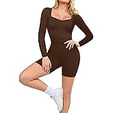 Popilush Long Sleeve Jumpsuit for Women Athletic Romper Ribbed Full Workout Bodysuit Shorts Yoga Sweetheart Neck Body Suits