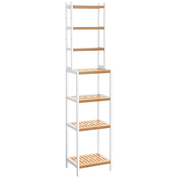 SONGMICS Badregal aus Bambus mit 7 Ebenen, Badezimmerregal, mit verstellbaren Ablagen, multifunktionaler Organizer, Regalsyst