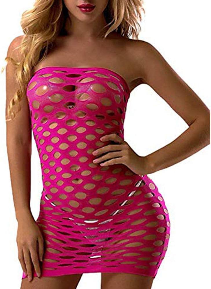 pink ladygaga Women's Mesh Lingerie Fishnet Babydoll Mini Dress Stretch Chemise Bodysuit