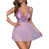 Kolagri Womens Lingerie Set Sexy Nightgown Backless Bow Tie Sheer Mesh Mini Dress Lace Babydoll Chemise Sleepwear