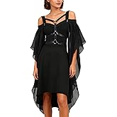 FEAPHY Women's Gothic Dress Vintage Chiffon Cold Shoulder Flare Sleeve High Low Dress