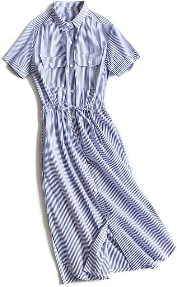 Amazon Missingy レディース ワンピース キュート ストライプ 爽やか シャツワンピース 半袖 ひざ丈 シャツ リボン ボタン ファッション きれいめ 細身 気質 春夏秋 パーティー 通学 Ol 通勤 ワンピース チュニック 通販